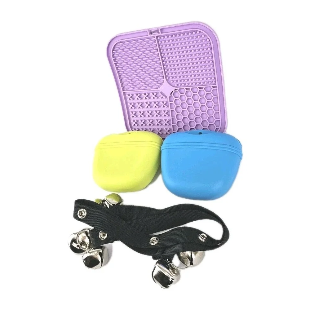 Pet Set of 4 Silicone Dog Treat Pouch Door Training Bells Food Toy Suction Cups